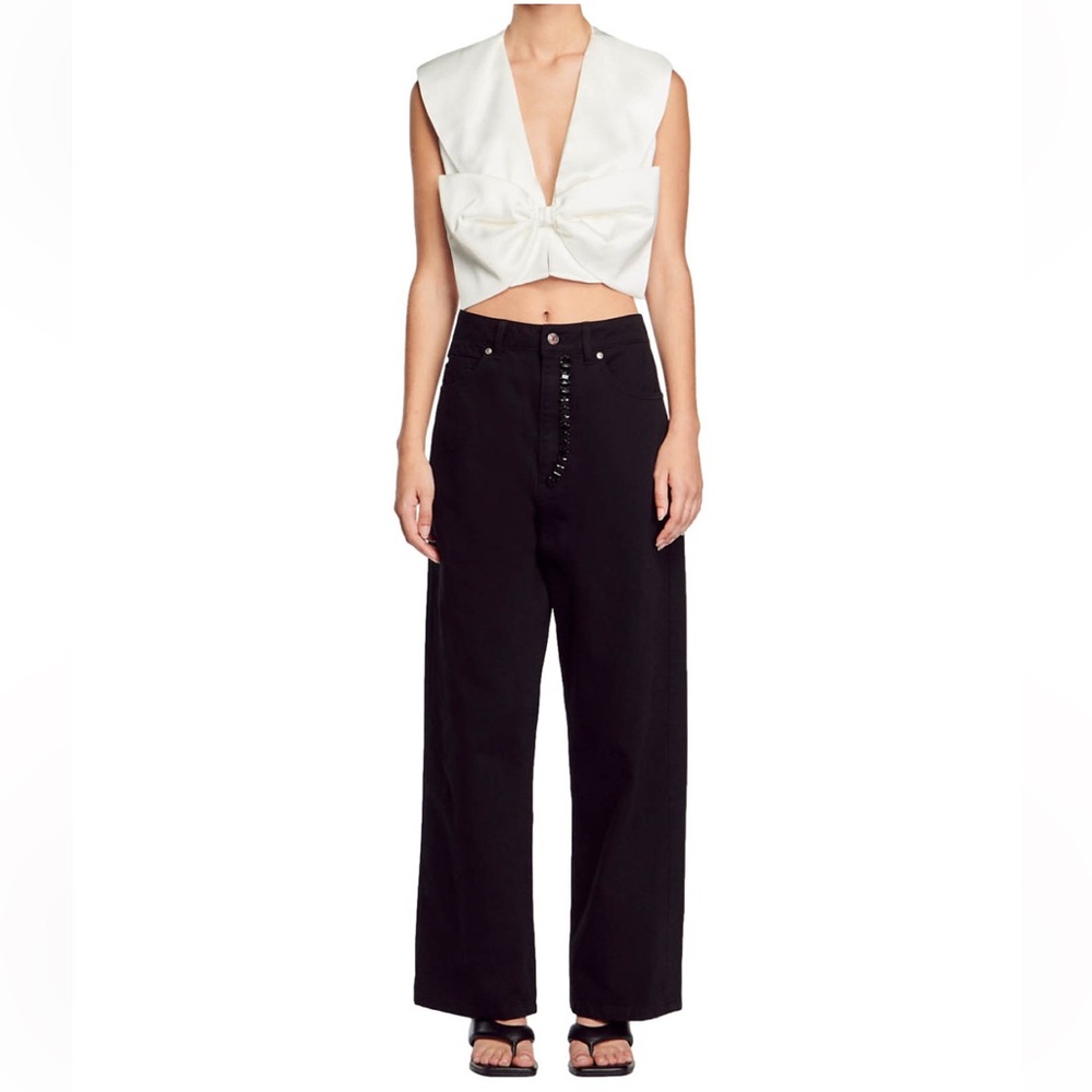 NWT Sandro Cristelle High Rise Wide Leg Black Jeans w Crystals—1 loose crystal - Picture 6 of 15
